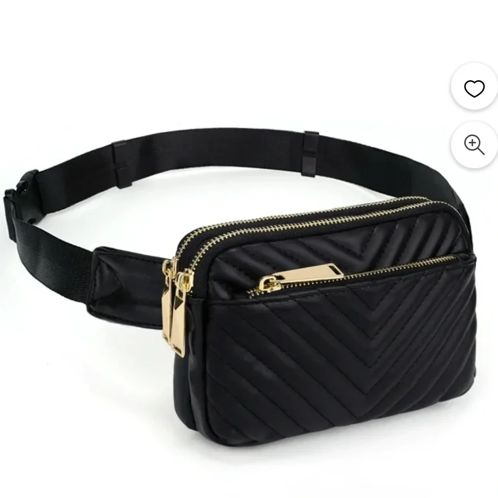 Unbranded Triple Zipper Quilted Vegan Faux Leather Black Belt Bag Fanny Pack